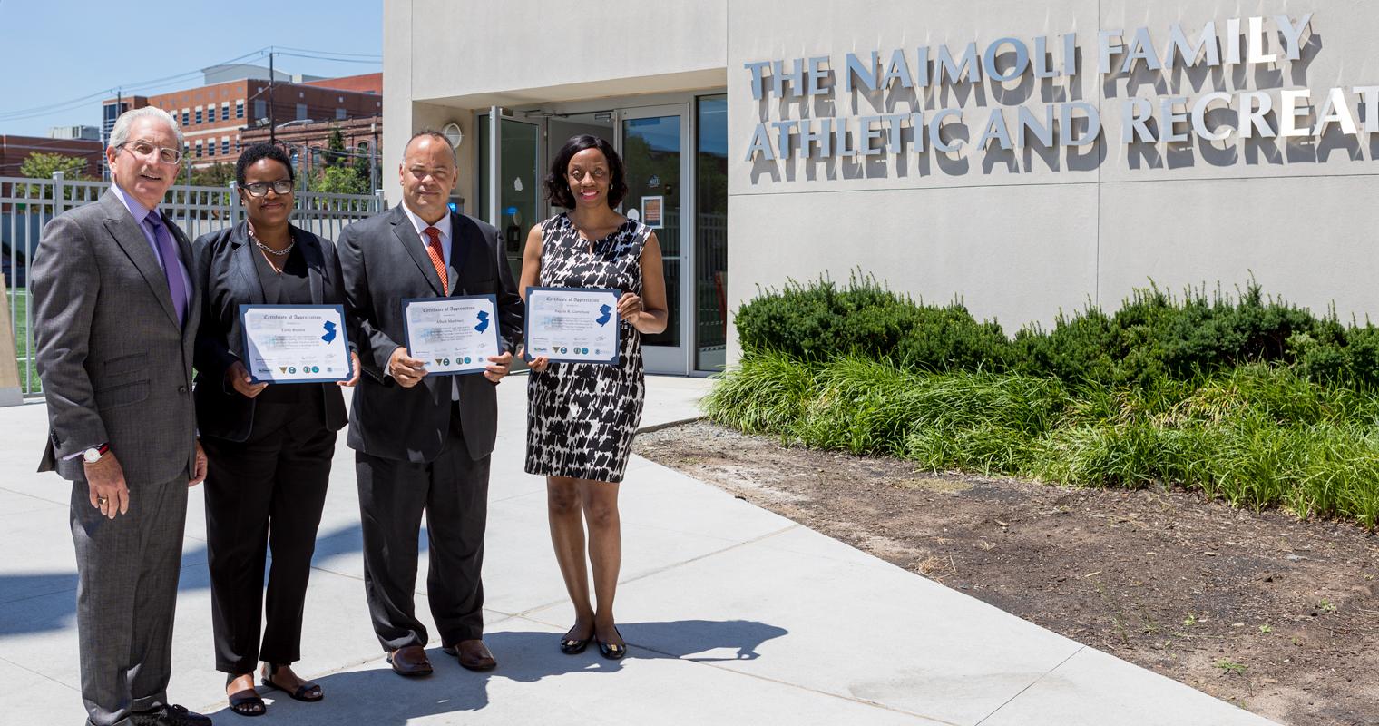 President Bloom with NJIT's team leaders at the Community Vaccination Center (L to R): Lorie Brown, Albert Martinez and Angela R. Garretson