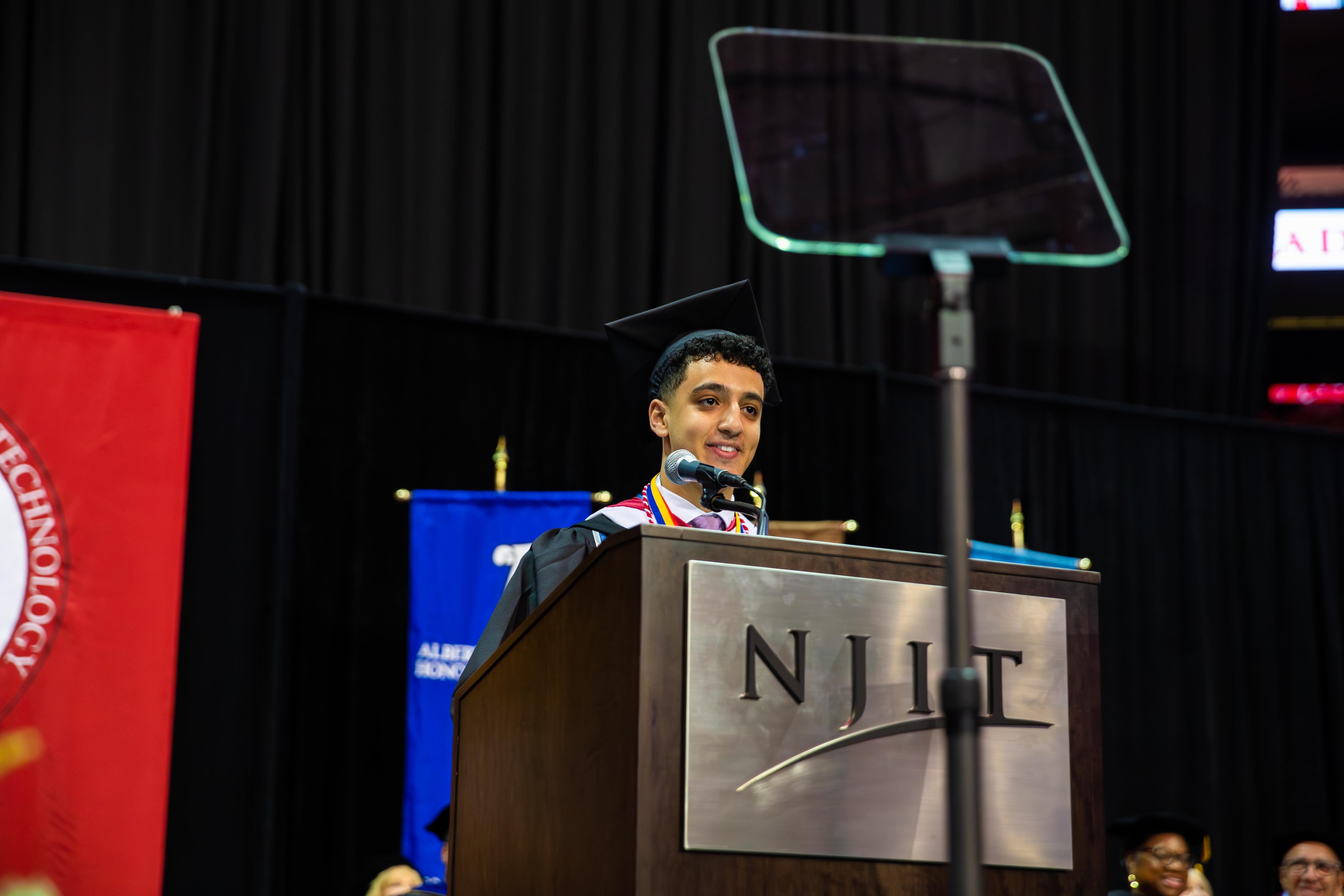 Biology graduate and Dorman scholar Mark Nashed speaks on behalf of the students. 