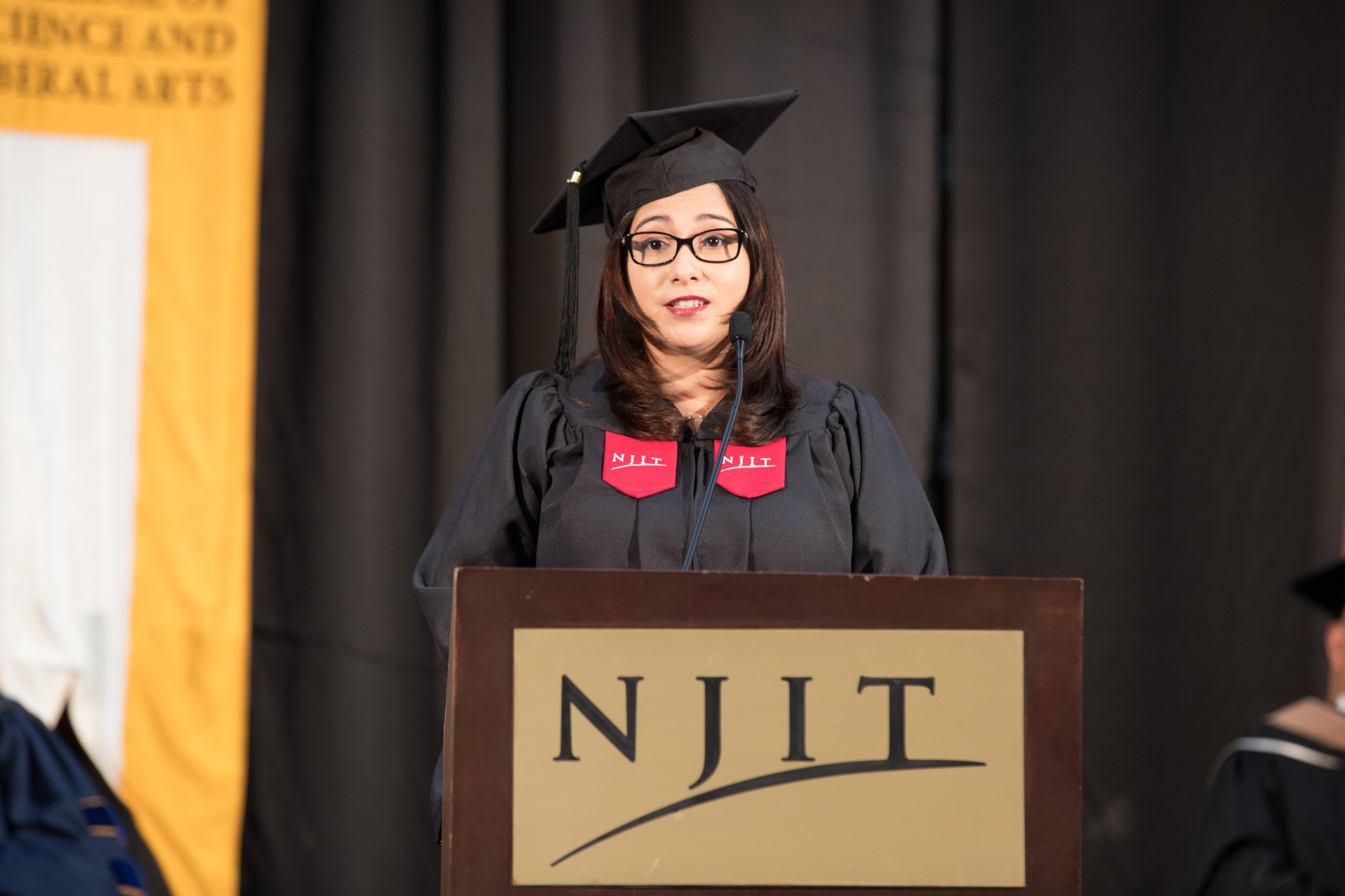 Dr. Elaine Gomez '14, an Advanced Catalysis Researcher at ExxonMobil’s Corporate Strategic Research division, was the keynote speaker at NJIT's 2019 University Convocation