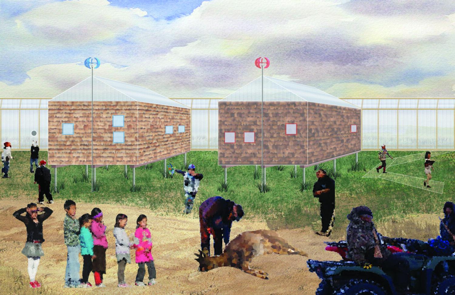 Pilot model homes in the background designed to meet the immediate needs of the community.