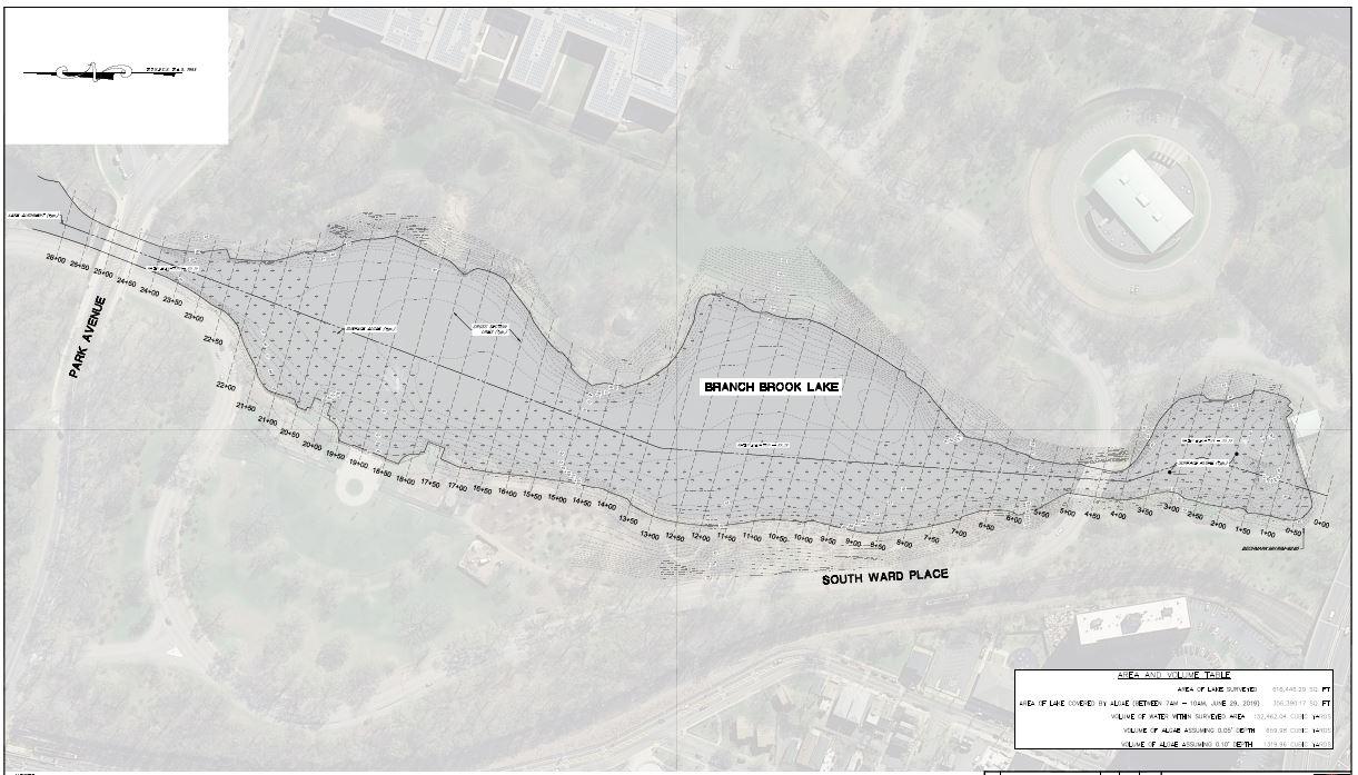 Part of the bathymetric and topographic survey, this drawing shows the contours of the lake and surrounding lake bank, and highlights the area of the algae.   