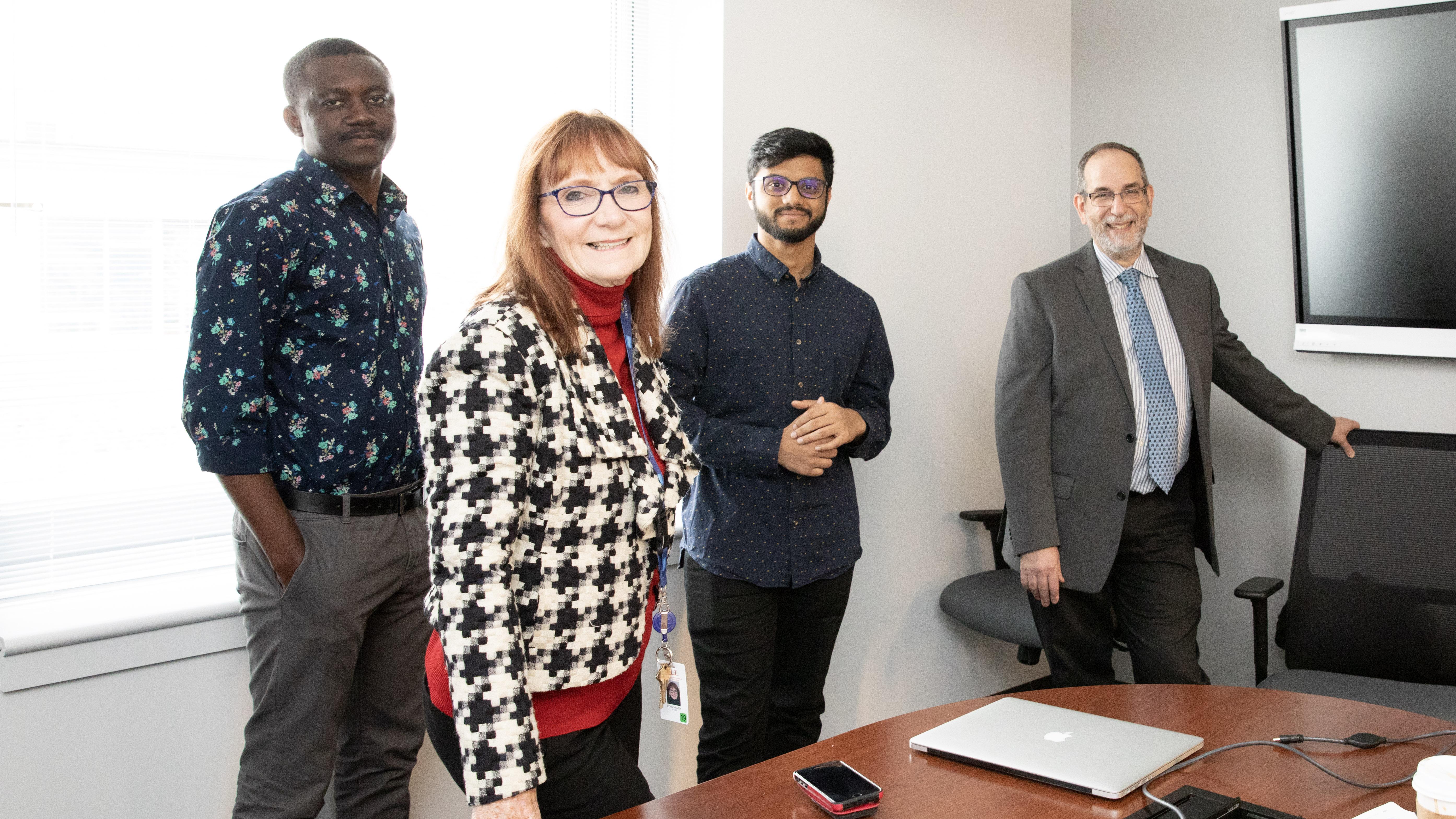 Project team members (from left) Abubaker-sadiq Abdulai, MTSM Ph.D. student; Lynn Wilson, NJII executive head of operations; Varun Balaji, industrial engineering M.S. student; and Michael Ehrlich, MTSM associate professor of finance