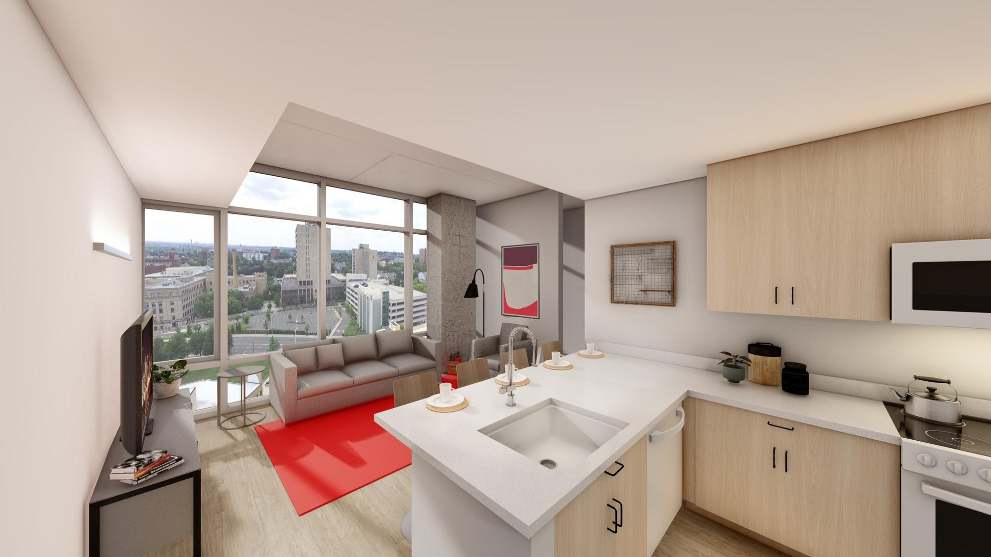 Units will take the form of apartments for two or four students, with kitchens, living rooms and bathrooms.