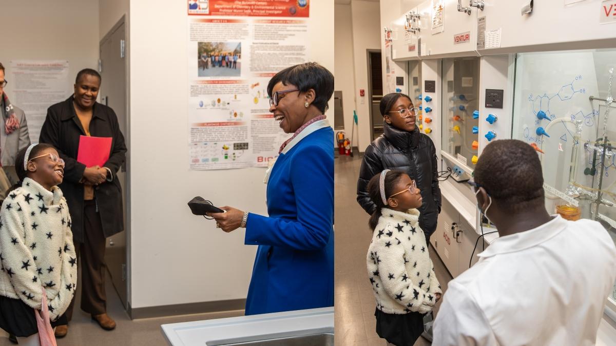 Distinguished Professor Wunmi Sadik (left image) welcomes Bobbi and Hayden Wilson for a chemistry lab tour.