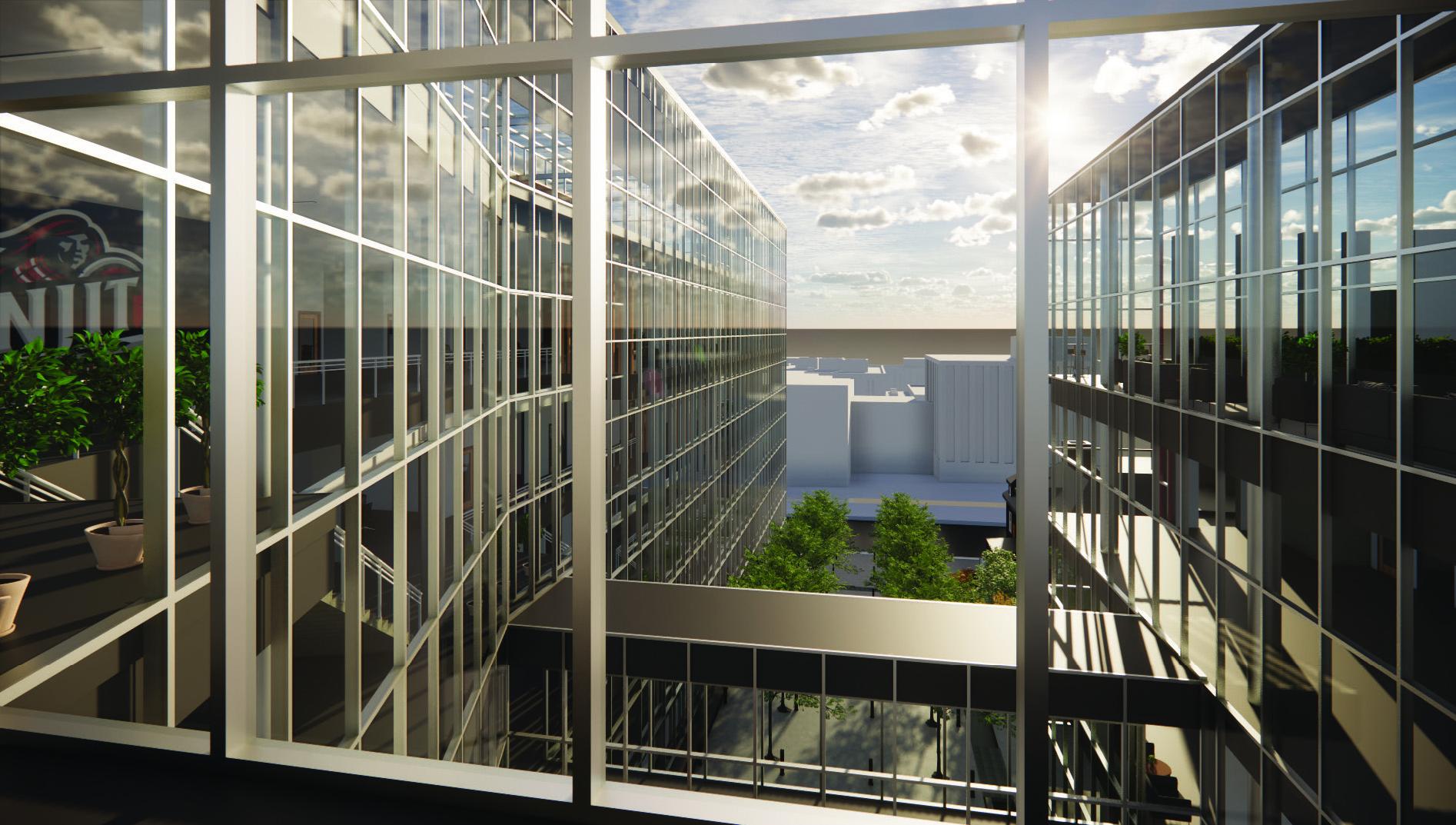 Design by William Hall showing bridge between building sections and view of campus