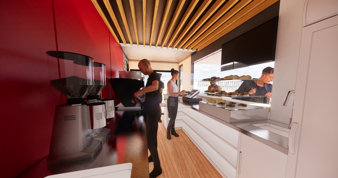 Interior view of the COCO coffee-shop-in-a-container prototype design