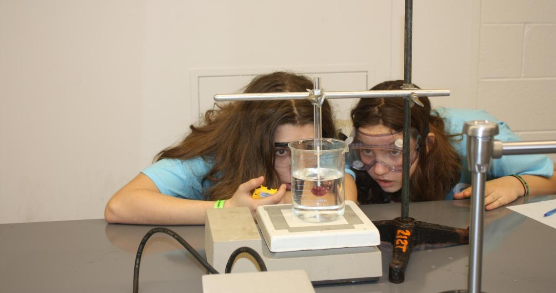 Middle schoolers observe the dissolving of a lollipop for the Olympiad's Experimental Design activity.