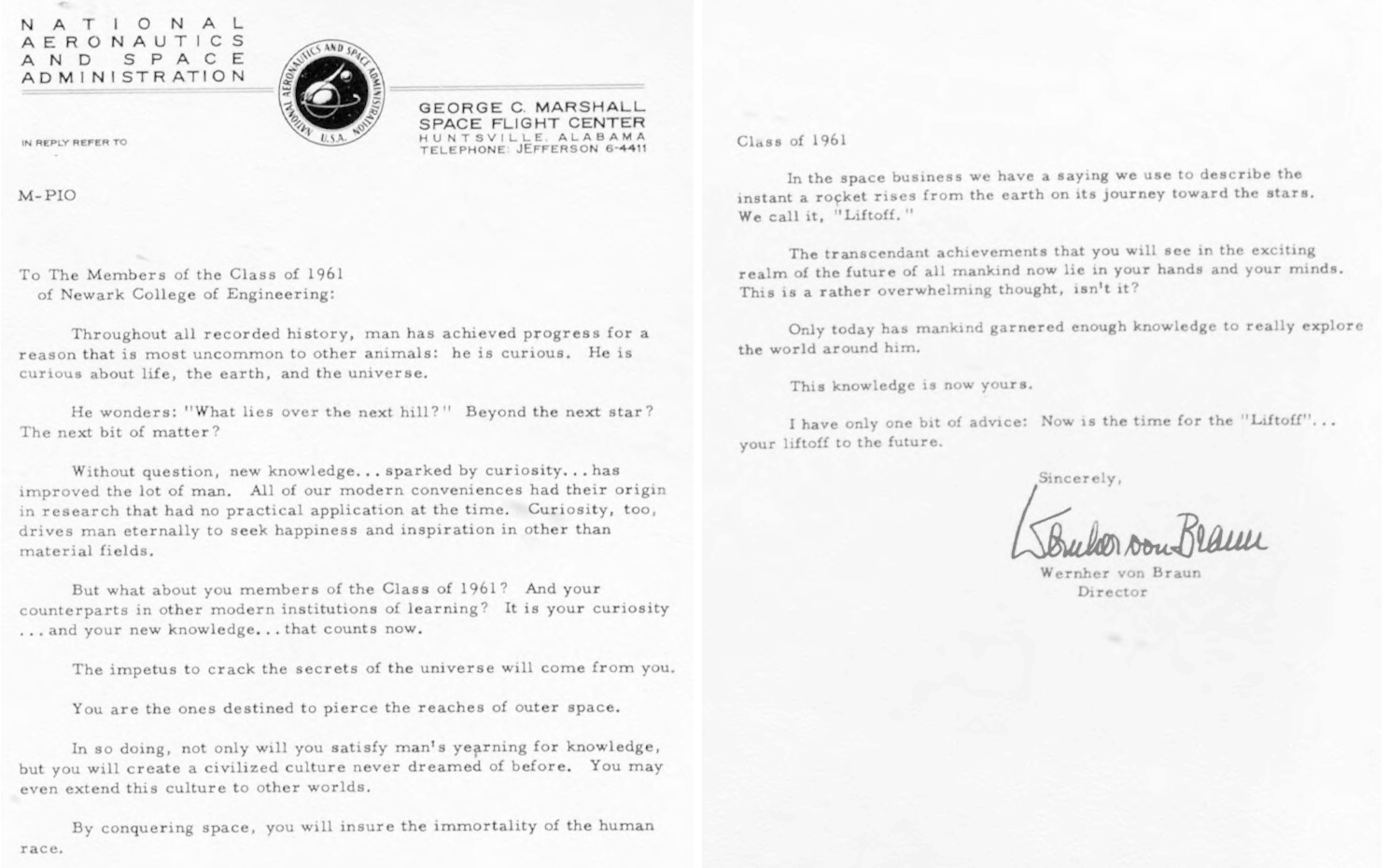 Commencement letter from Werhner von Braun, in 1961 Nucleus yearbook